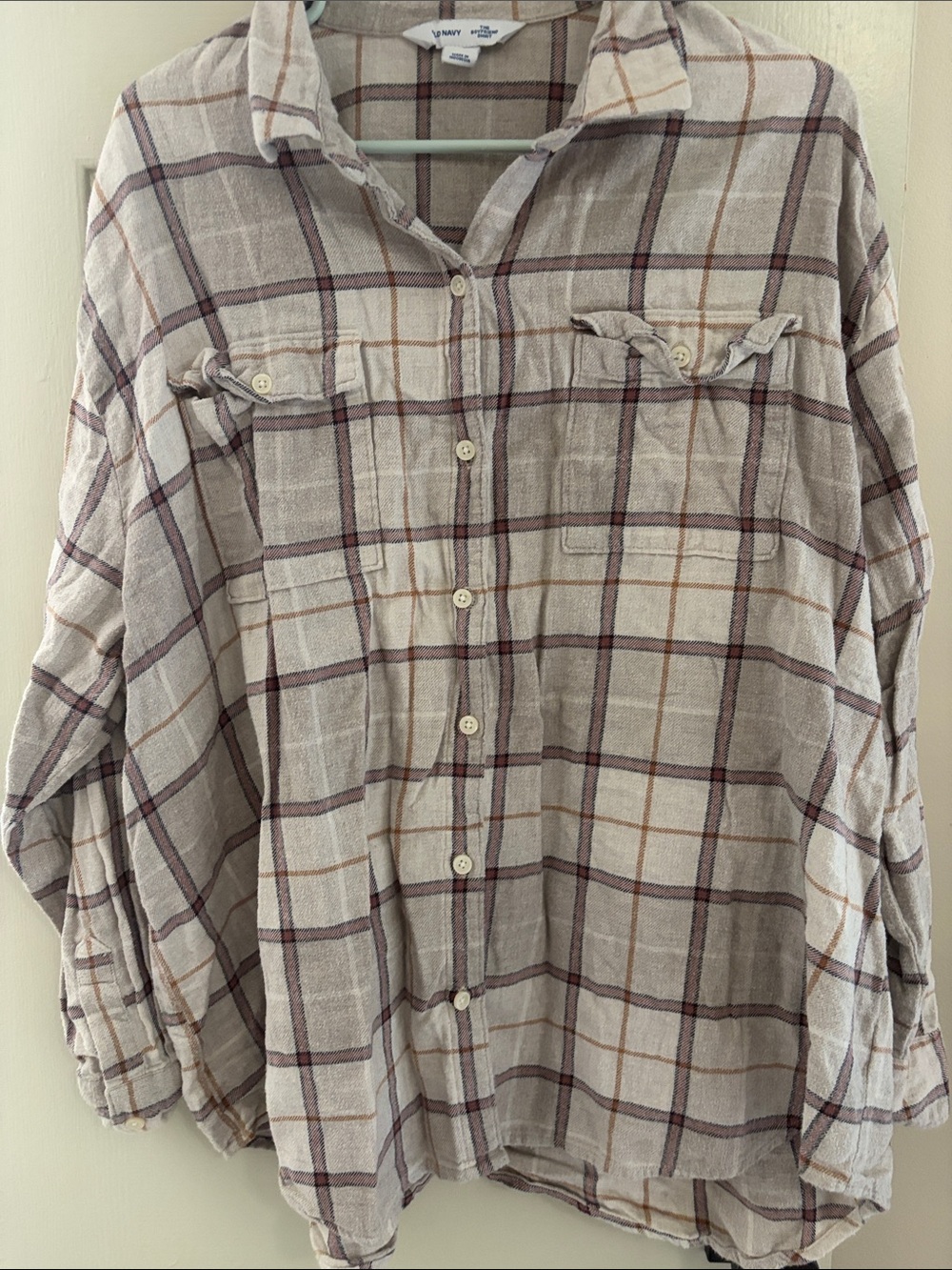 Old Navy Light Beige Plaid Button-Down Shirt with Brown Stripes